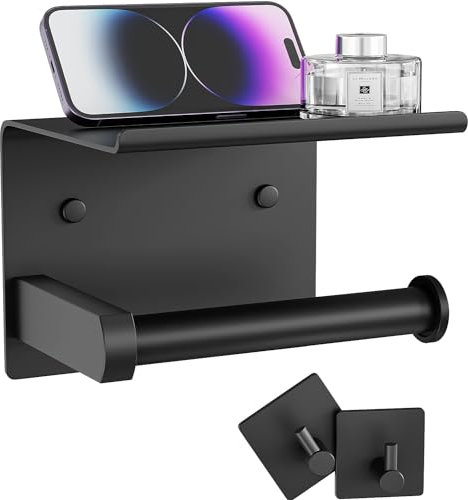 Tindbea Toilet Paper Holder with Phone Shelf, Wall Mount Toilet Tissue Roll Holder (Matte Black+Hooks)