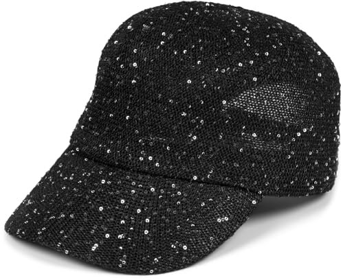 styleBREAKER Damen Sommer Baseball Cap gewebt mit Pailletten | Luftiges Basecap mit Metallschnalle verstellbar | Einfarbige Schildkappe für Strand und Freizeit, Farbe:Schwarz