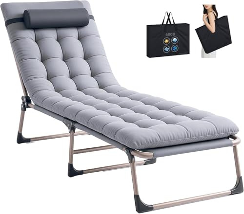 TRIOBLADE Heavy Duty Folding Garden Sun Lounger 22mm Steel Frame Support 264lbs 4-Position Adjustable Folding Chaise with Pillow Sun Bed with Cushion For Beach, Garden, Pati (Without sunshade, Grey)