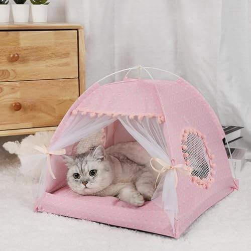 Katzenbett-Zelte, Hundehütte, für drinnen und draußen, Netzgewebe, atmungsaktiv, Fenster-Türvorhänge, abnehmbar, tragbar, Nest, Tipi-Haus, groß, Rosa (Blume)