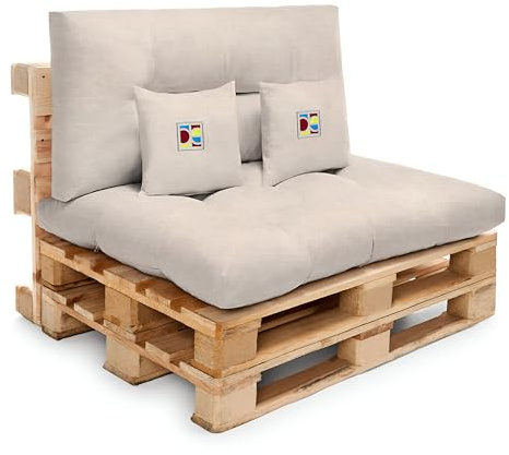 Cojines para Sofá de Palets Exterior 120x80 + Respaldo 120x60 – Pack Completo con Asiento, Respaldo y 2 Cojines Decorativos Bordados – Estilo Chill out para Terraza y Jardín (Arena)