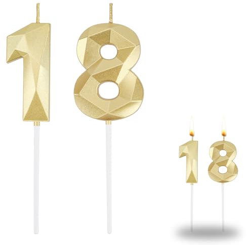 Bomtop Geburtstagskerzen Zahlen 18, Kerzen 18 Geburtstag, 3D Gold Geburtstagskerzen, Zahlen Kerzen 1 und Ziffer Kerzen 8, 18 Geburtstag Mädchen Junge, Zifferngeburtstagskerze, Kuchendeko Geburtstag