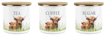 Purely Home Highland Cow and Calf Tea Coffee & Sugar Storage Canister Set - Countryside Farm Metal/Enamel Hot Drinks Storage Container Set of 3