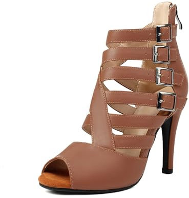 HROYL Scarpe da Ballo Latino Americano Donna da Sala con Punta Aperta Stivali da Ballo Salsa e Bachata DSK200-Marrone-9.5cm-S,EU 35