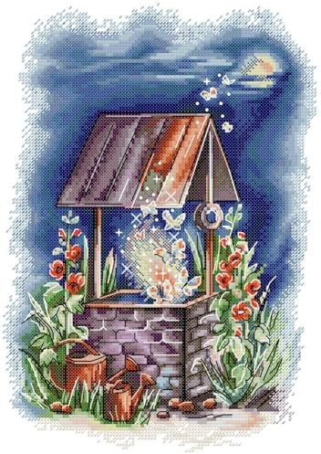 Awesocrafts Point de Croix Kit Complet Estampé, Puits magique Estampillé 11CT 3 brins 13×16.9 pouces Broderie Point de Croix Imprimé