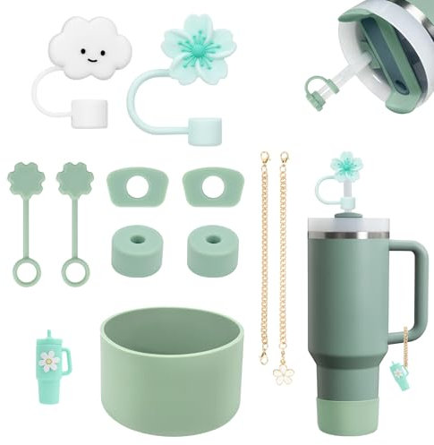 11 Piezas de Accesorios Stanley Cup, incluidos 6 Protectores Antiderrame Stanley Cup, 2 Tapones para Pajitas, 2 Accesorios Colgantes, 1 Funda de Silicona para Accesorios Stanley Cup (Shale Grün)