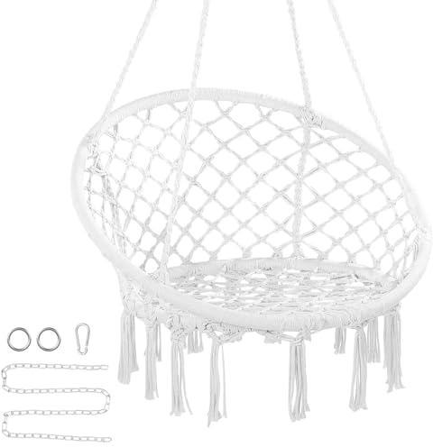VEVOR Hanging Hammock Swing, 330 Lbs Capacity, Macramé Hanging Chair with Mounting Hardware, Cotton Rope Swing for Bedroom, Balcony, Patio, Garden, White