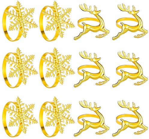 Weihnachtsserviettenringe, Schneeflocke und Rentier, Weihnachts-Serviettenhalter, goldene Winterdekorationen, Serviettenringe für Weihnachten, Urlaub, Party, Esstisch, Hochzeitsverzierung, 12 Stück