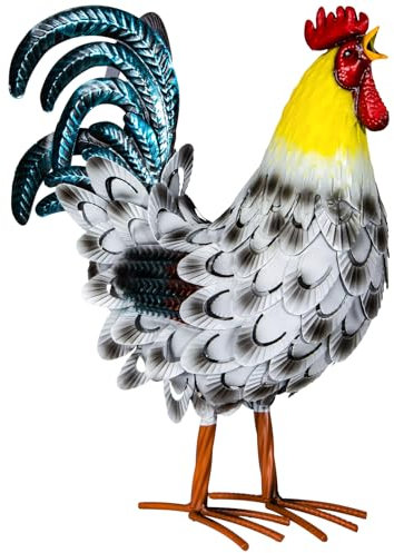 SUNREEK Metal Rooster Statues, Garden Chicken Decorations, Outdoor Chicken Sculptures, Metal Yard Rooster Artwork for Yard Farm Patio Lawn Porch Kitchen Decoration (White)