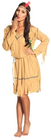 MIMIKRY White Horse Indianerin Damen Kostüm Hellbraun M-XL Kleid Gürtel Stirnband Wilder Westen
