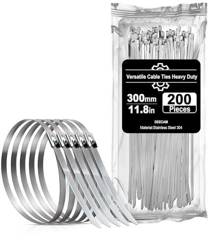 Bridas Metálicas De Acero Inoxidable 200 Piezas 300×4.6mm,Bridas Para Cables,Tuberías,Cercas,Multiusos Con Sistema Antideslizante Deecam Bridas Acero Inoxidable 304
