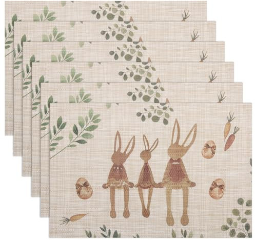 Banchif Abwaschbar Doppelseitig Tischsets 6er Set, Osterei Cartoon Hase Tischdeko Ostern Frühling Bankett Platzsets Urlaub Dekorative Tischsets Saisonal Platzsets Beige