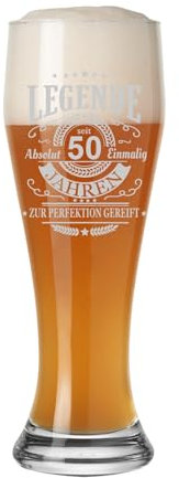 LUXENTU Weizenbierglas 0,5l mit graviertem Motiv, Weizenglas für ein Jubiläum & besondere Anlässe, Weißbierglas mit Lasergravur-Veredelung, Spülmaschinengeeignet, Legende seit 50 Jahren