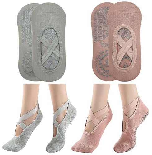 KEYRI 2 Paar Yoga Pilates Socke Rutschfeste Socken für Frauen Mädchen, Grippige Socken BodenSocke Anti-Rutsch Griffe Riemen, Einheitsgröße Atmungsaktive Socken für Fitness Ballett