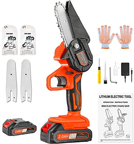 Mini motosega, motosega elettrica portatile da 21 V 2,0 Ah con blocco di sicurezza, mini motosega da 4 pollici 1,65 libbre senza fili per taglio del legno di rami di alberi da giardino (2 batterie)