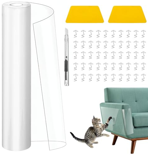 Cat Anti Scratch Furniture Protector Tape, 30cm×5M Sofa Door Protector | Transparent Self-adhesive Stop Cat Scratching Protection for Furniture Carpet Couch with 50 pins & 2 Scrapers