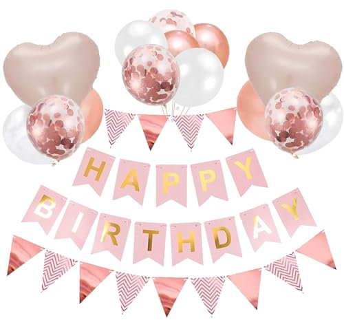 Ovanda Geburtstagsdeko Mädchen, Roségold Geburtstagsdeko, Happy Birthday Girlande, Deko Geburtstag Frau, Geburtstagsbanner Partydekoration, Luftballons Konfetti für Party Deko Mädchen Frauen