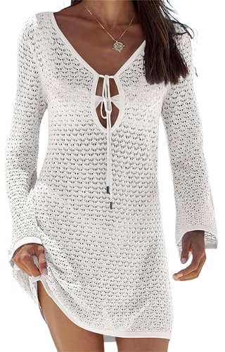 Felcia Womens Crochet Swimsuit Coverup Summer Sexy V Neck Hollow Out Long Sleeve Mesh Knit Beach Dress (A-White, S)