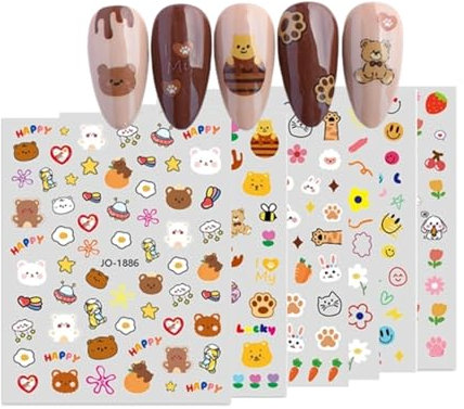6 Blatt Nagelsticker Selbstklebend Blumen,Süße Blumen Bären Hasen Smiley-Gesichter 3D Nail Art Sticker Dekoration Nageldesign Zubehör für Damen Mädchen Kinder (Süße Blumen Bären)