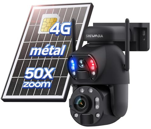 SHIWOJIA Camera 4G Solare Esterno, Fotocamera 4G Dual Obiettivo Zoom Ibrido 50X, 6MP con Visione Notturna a Colore, Rilevamento Umano PIR, Slot SD, Metallo, IP66