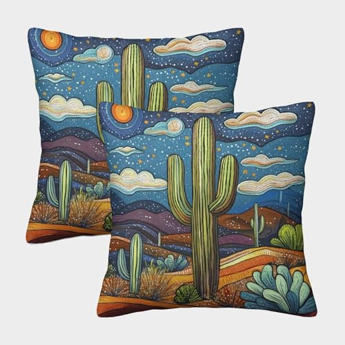 kaiyun Saguaro Kaktus-Kissenbezug,Volkskunst-Muster Geeignet Für Außenbalkon,Terrasse,Garten,Bauernhaus-Dekoration,50x50cm 2er-Pack