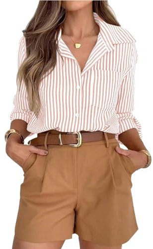 Long Sleeve Polo Shirt Women Striped Button Down Shirts Casual Long Sleeve Lapel Neck Tops Ladies Elegant Office Work Tunic Blouses UK 01-Pink S