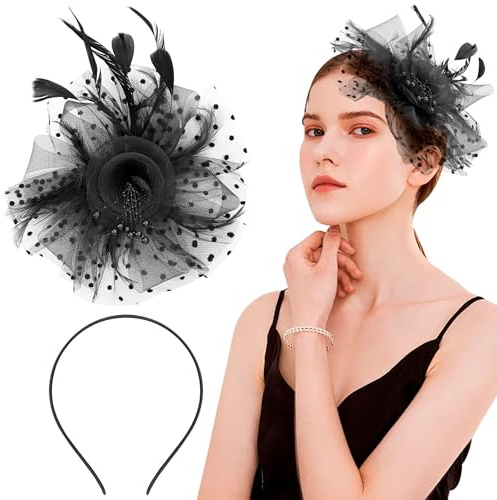 Heveer Fascinator Hut Blume Mesh Federn Stirnband mit Haarspange Schwarz Cocktail Kopfbedeckung für Damen Mädchen Hochzeit