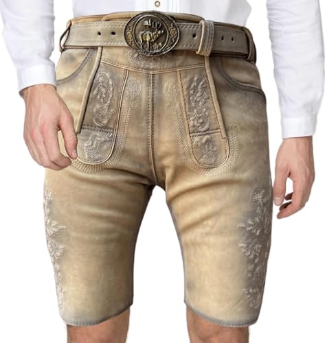 sais Oktoberfest Trachten Lederhose, Trachtenlederhose, Herren Lederhose Trachtenhose inkl Gürtel Größe 48-58 (DE/NL/SE/PL, Numerisch, 52, Regular, Kurz)
