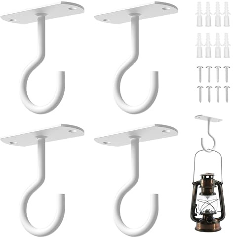 UIHRLM 4 Pack Ceiling Hooks for Hanging Plants, Heavy Duty & Wall Mount Metal Hanging Basket Brackets Hooks with Accessories Indoor Outdoor Use for Wind Chimes, Bird Feeders, Planters