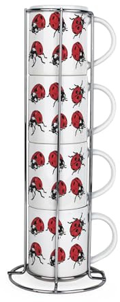 Purely Home Ladybirds Stacking Mugs Set - Novelty Insects Nature Present - Set of 4 Small Ceramic Mugs Gift Set with Metal Stand