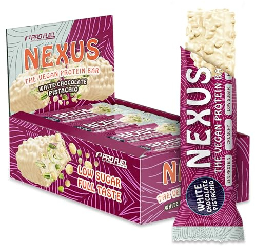 Protein Riegel Vegan WHITE CHOCOLATE PISTACHIO 12x NEXUS Protein Bar - unglaublich lecker & cremig - 26% Protein - nur 115 kcal - ohne Zucker-Zusatz - high Fiber - perfekt als Protein-Snack - 12x30g
