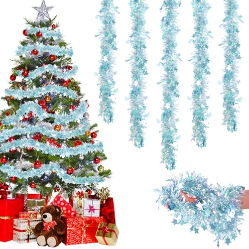 Lametta Weihnachtsbaum 5PCS×2M Weihnachtsgirlande Lametta Girlande Weihnachten Outdoor Christmas Garland 16M Weihnachtsgirlanden Mit Sternen Verziert Weihnachtsdeko Girlande Christbaum Deko Matte Blue