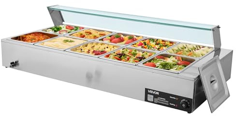 VEVOR Calentador de Alimentos 1700 W, Eléctrico, Acero Inoxidable, con Vapor y Tapa de Cristal, para 10 Sartenes, para Buffet de Encimera, a Catering, Restaurantes y Fiestas, 1460 x 690 x 385 mm