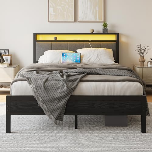 FOUBAM 4FT6 Queen Double Bed Frame with Storage Headboard, Black | Metal Double Bed with Upholstered Headboard, LED Lights and Charging Station, Heavy Duty Metal Slats Support,Easy Assembly