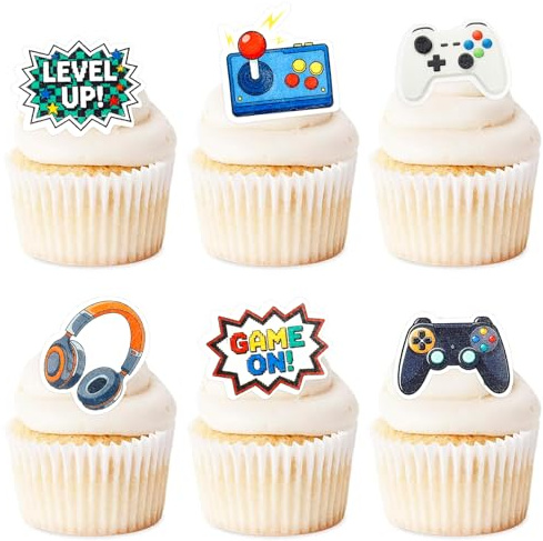 Gleevio 48 Stück Essbare Tortendeko Gaming Geburtstagsdeko | Esspapier Videospiel Tortendeko Essbar Junge, Happy Birthday Muffin Deko Essbare Gaming Cupcake Deko Essbar für Junge Mädchen