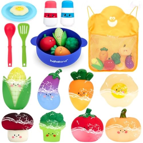 hahaland Jouet de Bain Bébé 1 an avec Légumes Magiques Changeant de Couleur | Cuisine de Bain Complète avec Marmite et Louche, Jeu Éducatif Montessori 18 Mois+, Cadeau Enfant 1 2 3 Ans