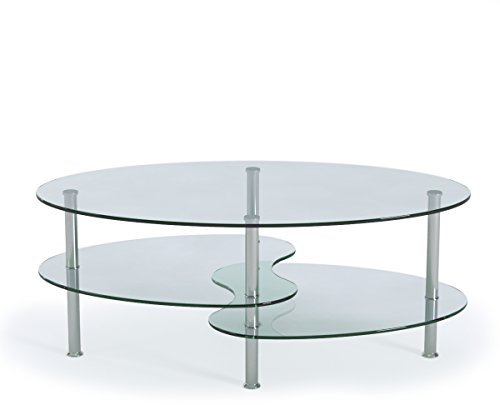 Ryan Rove Ashley Table basse ovale en verre à deux niveaux – Tables basses pour salon, cuisine, chambre à coucher – Bureau – Étagères en verre sous le bureau – Argent et verre transparent