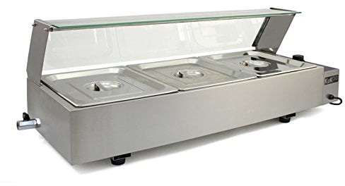 Vitrina Calienta Comida Eléctrica+3 Sártenes con Tapas de Acero Inoxidable (Capacidad 3 x 5.5L) Incluidas Calientaplatos Servidor Buffet Comida Caliente 2 Años Garantía para Cocinas Restaurantes Bares