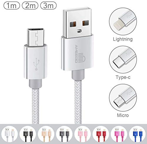 ameego [3Pack 1m+2m+3m] High Speed Strong Nylon Braided Tangle-Free 3.1A Micro USB Data Charge Cable for Samsung, HTC, Nokia, Sony, Kindle, PS3, Speaker, Power bank and More Micro USB Devices (White)