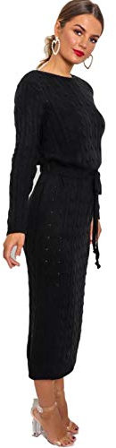 Crazy Girls Womens Cable Knit Belted Midi Dress, Black, ML (UK 12-14)