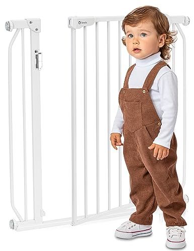 Lionelo Truus Slim LED Sicherheitstor mit Licht, Verstellbare Breite von 75 bis 105 cm mit Druckbeschlag, Höhe 77 cm, Öffnung in beide Richtungen, LED mit Dämmerungssensor – Weiß