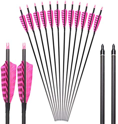 PMSM 12er Pfeil für Bogenschießen Black Carbonpfeile ID 6.2 mm mit 4 Zoll naturfeder Profi für Outdoor Bogensport Recurvebogen traditionellen Langbogen und Compoundbogen (Pink Schwarz)