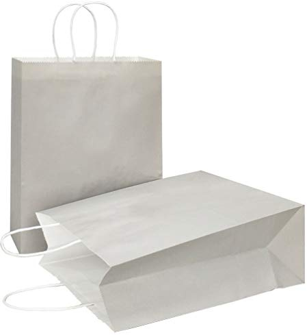 AZOWA Silver Gray Gift Bags Large Kraft Paper Bags with Handles (26 x 12 x 33 CM, Grey, 25 Pcs)