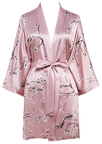BABEYOND Femmes Robe de Chambre Courte en Satin Peignoir Court à Motif Floral Taille Unique (Style-4-Rose)
