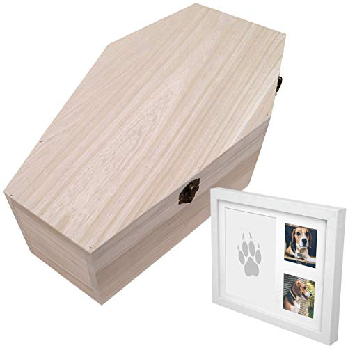 PrimoLiving petbye Holz Haustiersarg - Größe XL für mittelgroße Haustiere - Tiersarg mit Metallverschluss - inkl. Bilderrahmen für Gipsabdruck