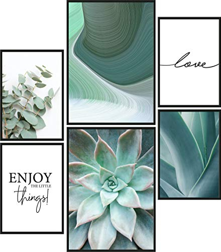 Papierschmiede® Mood Poster Set Green Love, Bilder Wohnzimmer Deko Schlafzimmer, 2x DIN A4 und 4x DIN A5, Eukalyptus Agave Aloe Vera Grün - ohne Rahmen