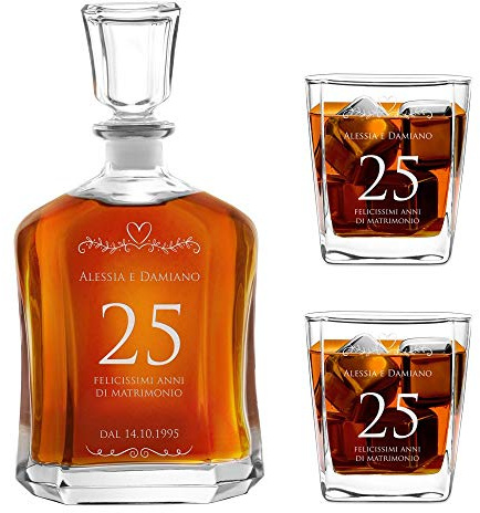 Maverton Set Decanter per Whisky in vetro, da 700 ml, incisione | Personalizzata, Caraffa + 2/ 4/ 6 bicchieri, idea regalo per l'anniversario per la coppia di sposi o fidanzati, Amore-Cuore