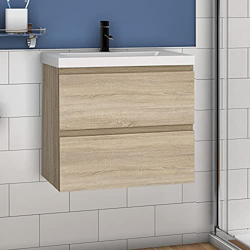 Aica Sanitär Waschtisch mit Unterschrank 60 cm Badmöbel Set mit Waschbecken Mineralguss Gäste WC Eiche Matt