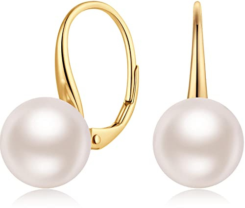 Miaofu Perlenohrringe Silber 925 Hängend 18K Weißgold Plattiert Creolen mit Perle 8mm-10mm Edler Schmuck für Damen