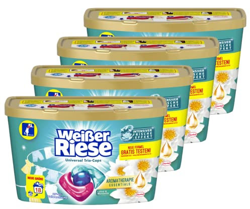 Weißer Riese Universal Trio-Caps Aromatherapie Essentials, 72 (4 x 18) Wäschen, Waschmittel mit Lotus & Mandelöl, Vollwaschmittel mit ätherischen Ölen und intensivem Frische-Effekt